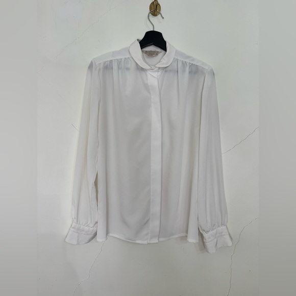 Vintage Eaton Secretary Peter Pan Collar Pleated Blouse Ruffle cuffs 12 - Picture 1 of 6